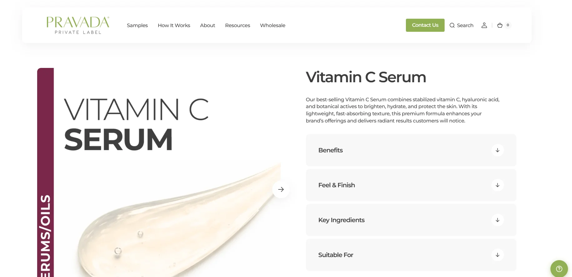 Screenshot of Pravada Private Label's website showcasing a Vitamin C Serum product with descriptive tabs for benefits, ingredients, and details.